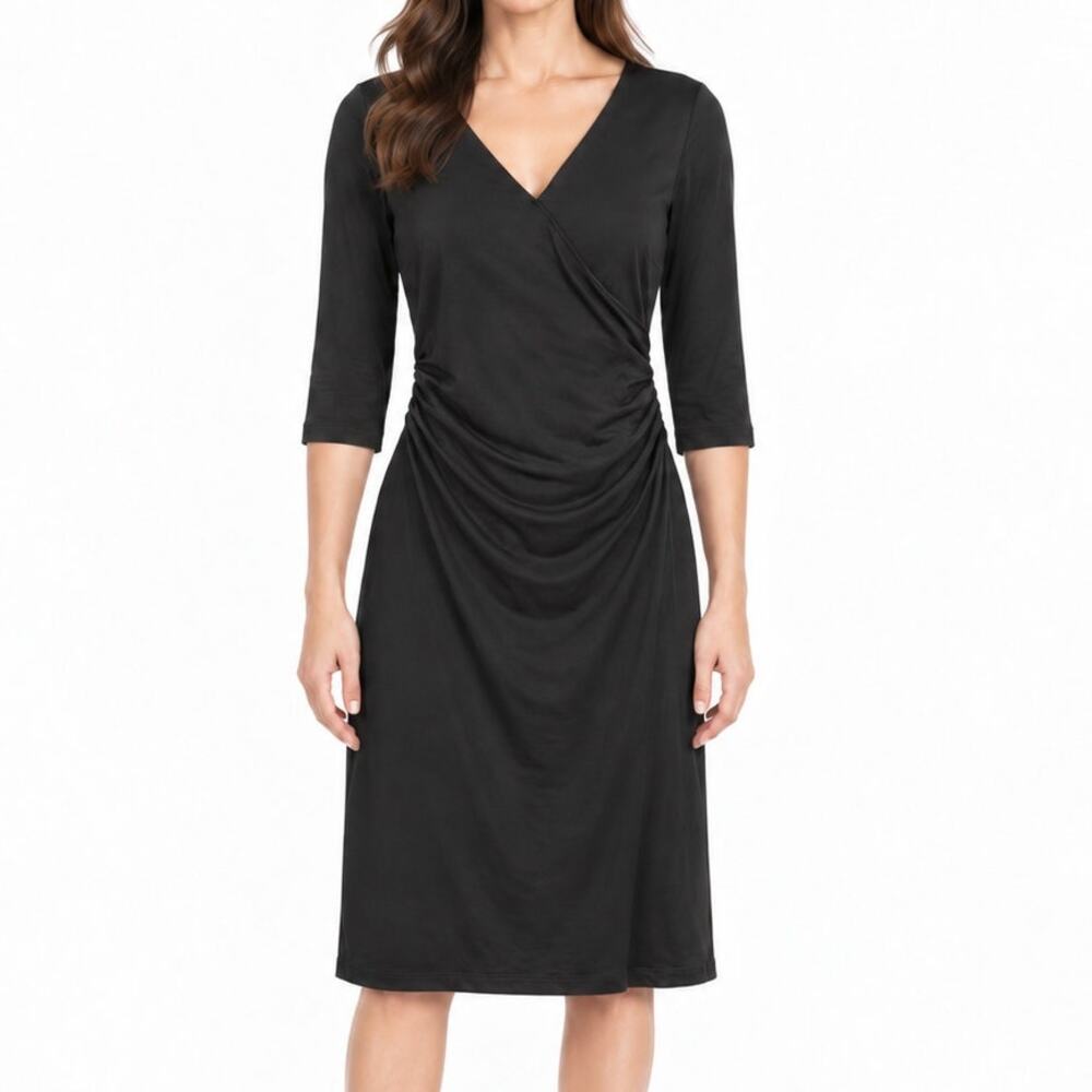 David Meister Black Ruched Faux Wrap Midi Dress Size 6